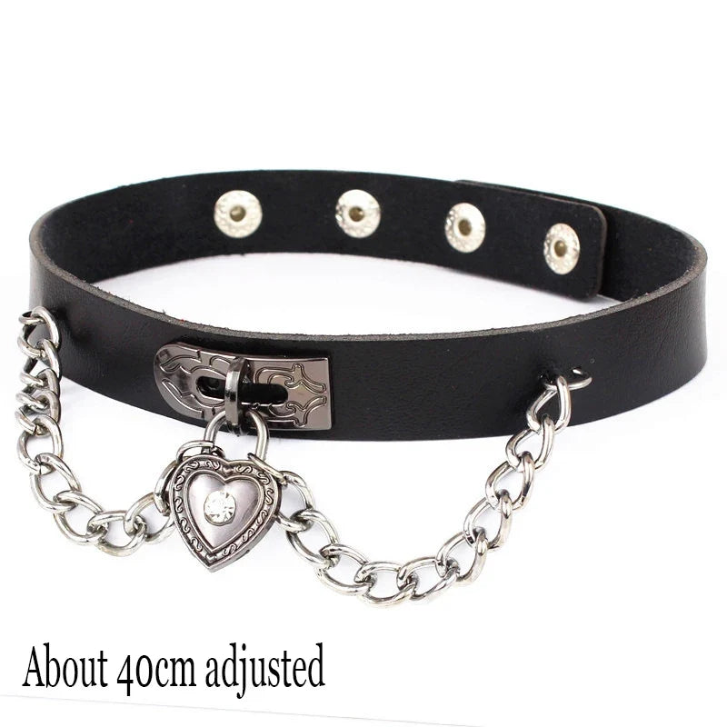 Gothic Bat Heart Lock Punk Choker | Black Leather Collar Necklace